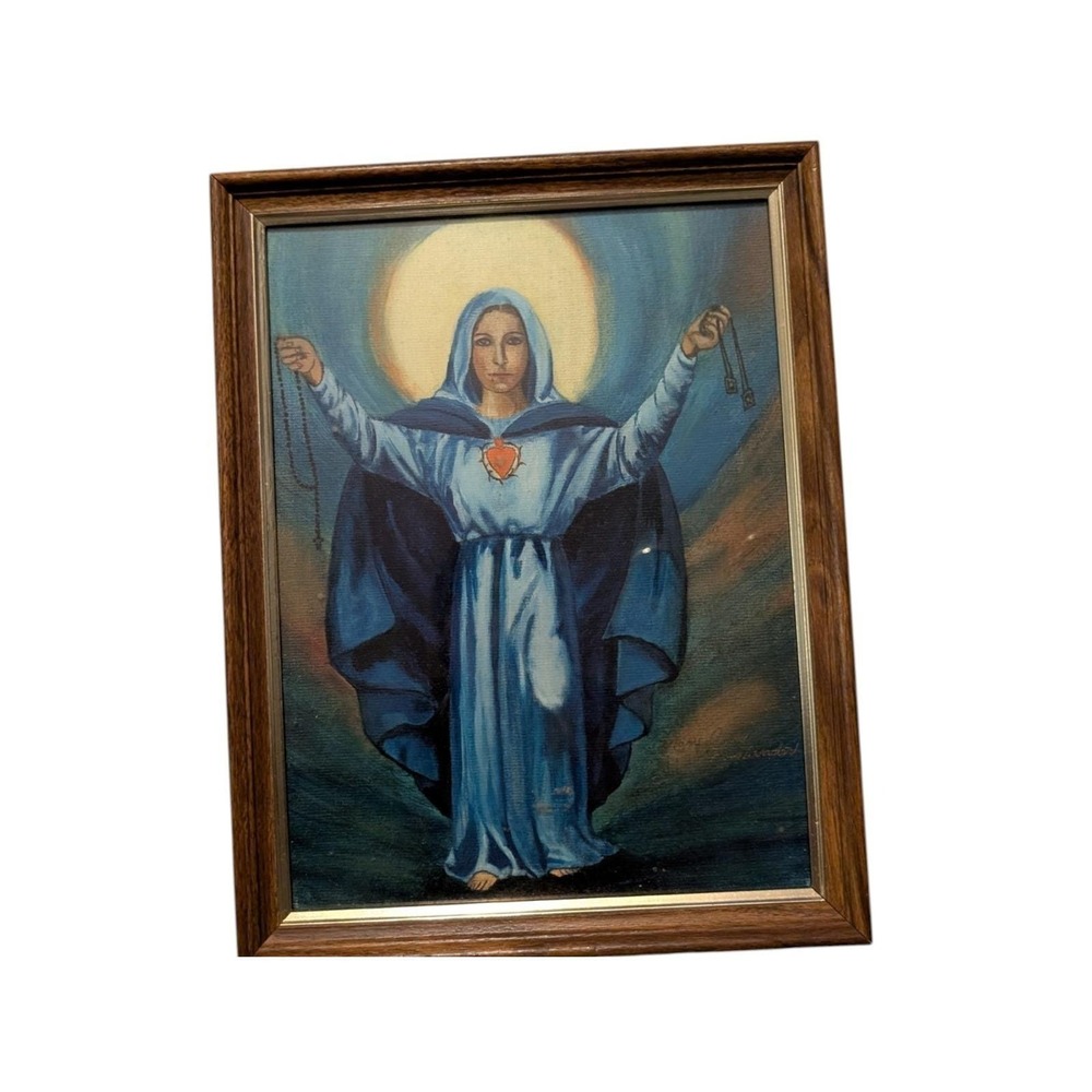 Vintage Signed Virgin Mary Rosary Scapular Oil Painting Folk Art 13.5x18 Framed